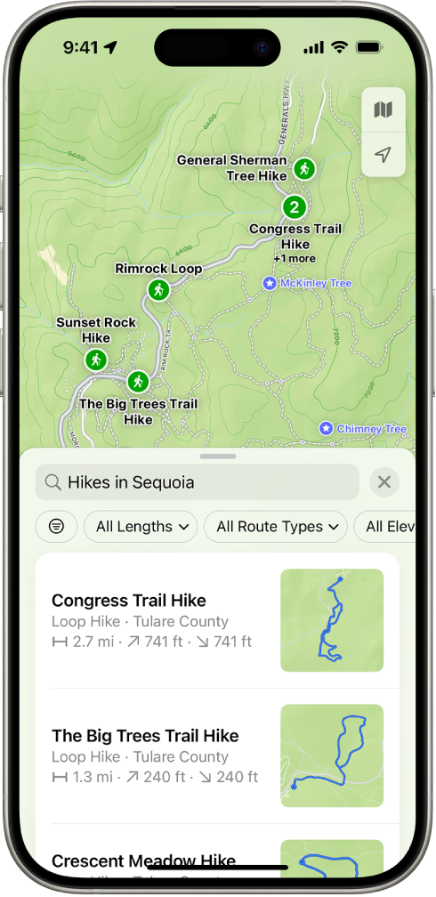 The Maps app showing results matching a search for hikes in a national park.