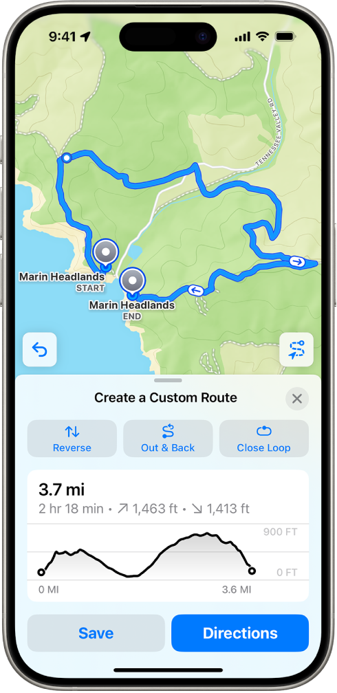 A custom route in the Maps app, with distance, elevation profile, estimated time, and options to save or get directions to the start of the route.