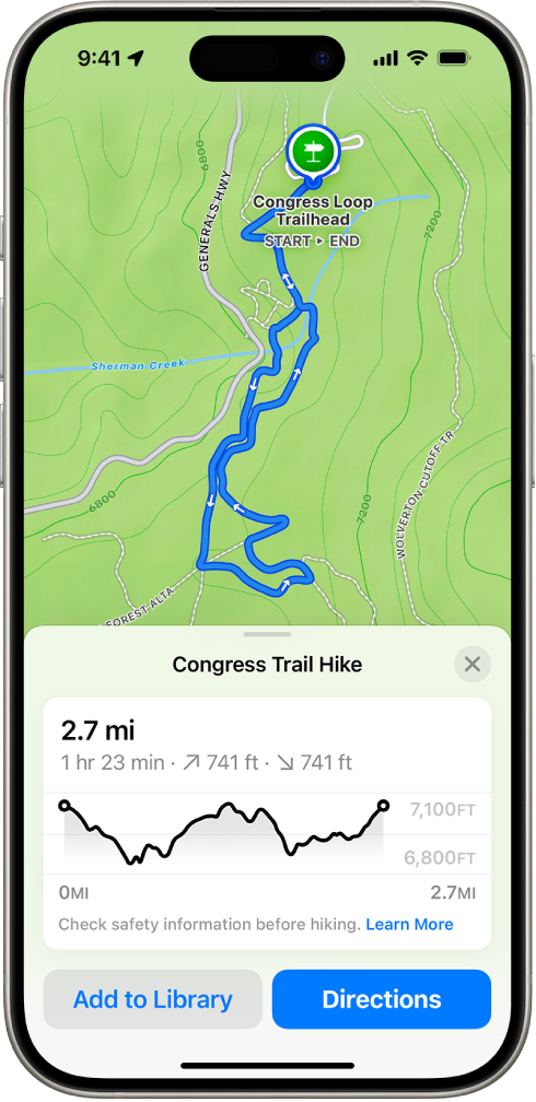 An overview of a downloadable hike, with distance, elevation profile, estimated time, and options to save or get directions to the start of the hike.