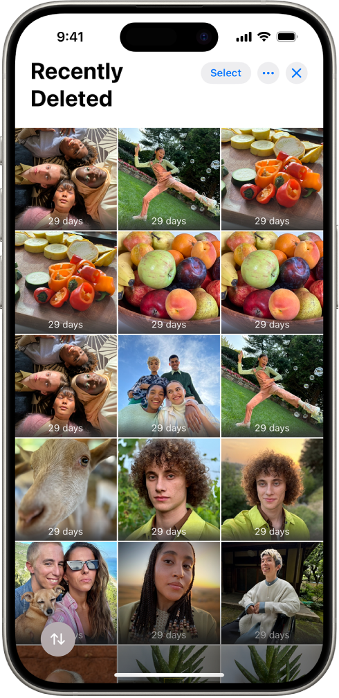 The Recently Deleted folder in the Photos app. Recently deleted photos appear in a grid on the screen.