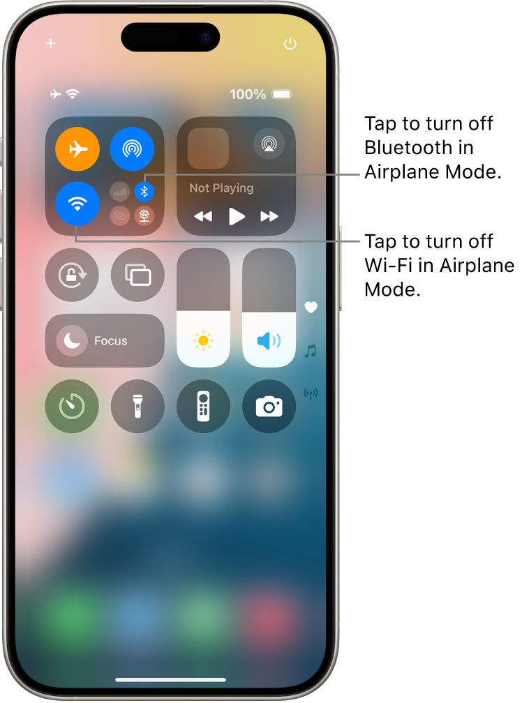 The iPhone Control Center. In the top-left group of controls are the Airplane Mode button (top left), Wi-Fi button (bottom left), and the Bluetooth button (bottom-right). Airplane Mode, Wi-Fi, and Bluetooth are all turned on. Tap the Bluetooth button to turn off Bluetooth in Airplane Mode. Tap the Wi-Fi button to turn off Wi-Fi in Airplane Mode.