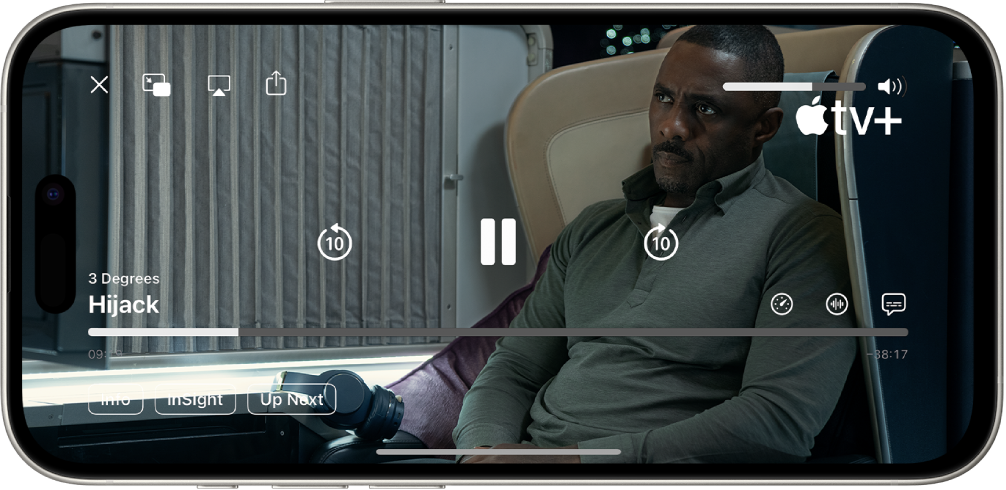 A TV show playing, with controls visible. The Close, Picture in Picture, AirPlay, and Share buttons are at the top left. The volume slider is at the top right. At the center are buttons to skip 10 seconds backward, pause, and skip 10 seconds forward. Across the bottom center is a slider that you can drag to adjust the video position; the elapsed time and time remaining appear on either side of the slider. At the bottom right are the Info, InSight, and Up Next buttons.