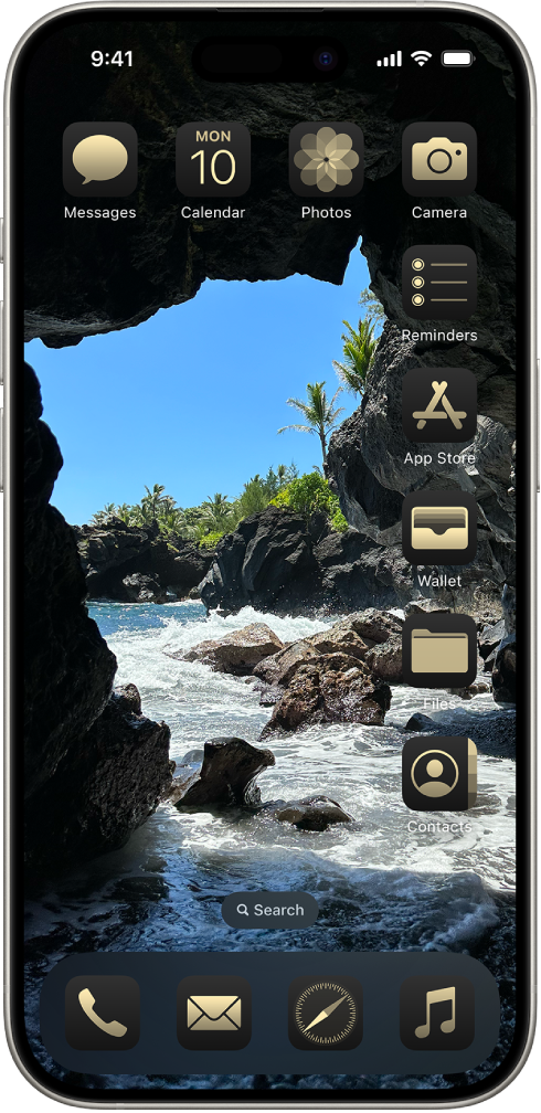 A customized Home Screen with icons tinted gold and arranged around the top and right side of the photo.