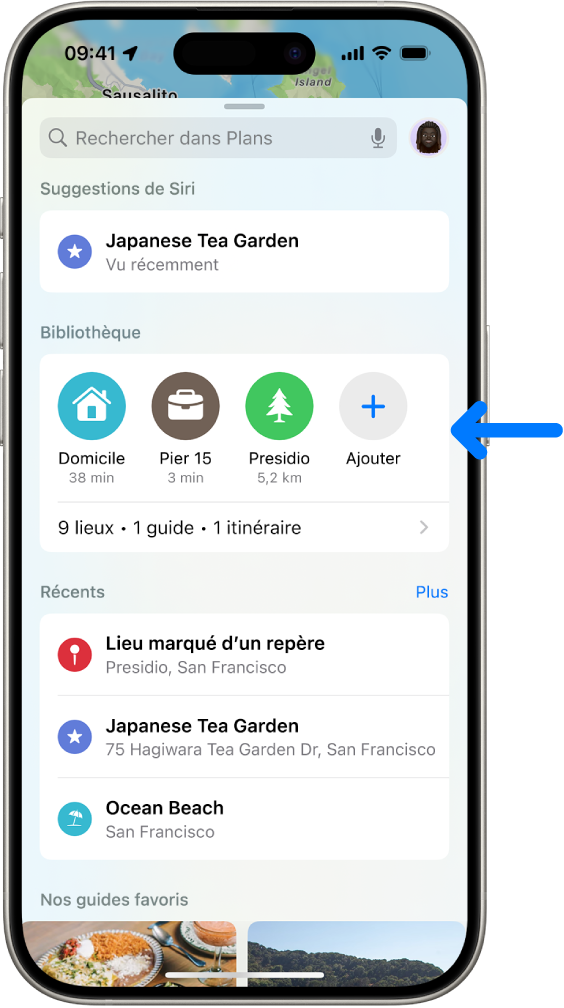 L’app Plans affichant des repères dans la bibliothèque, les recherches récentes et les guides recommandés.