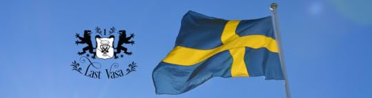 Sweden's flag (yellow cross on a blue background) against a bright blue sky. Last Vasa series image. Coat of arms with a faces bundle of sticks with a stylized bear on either side.