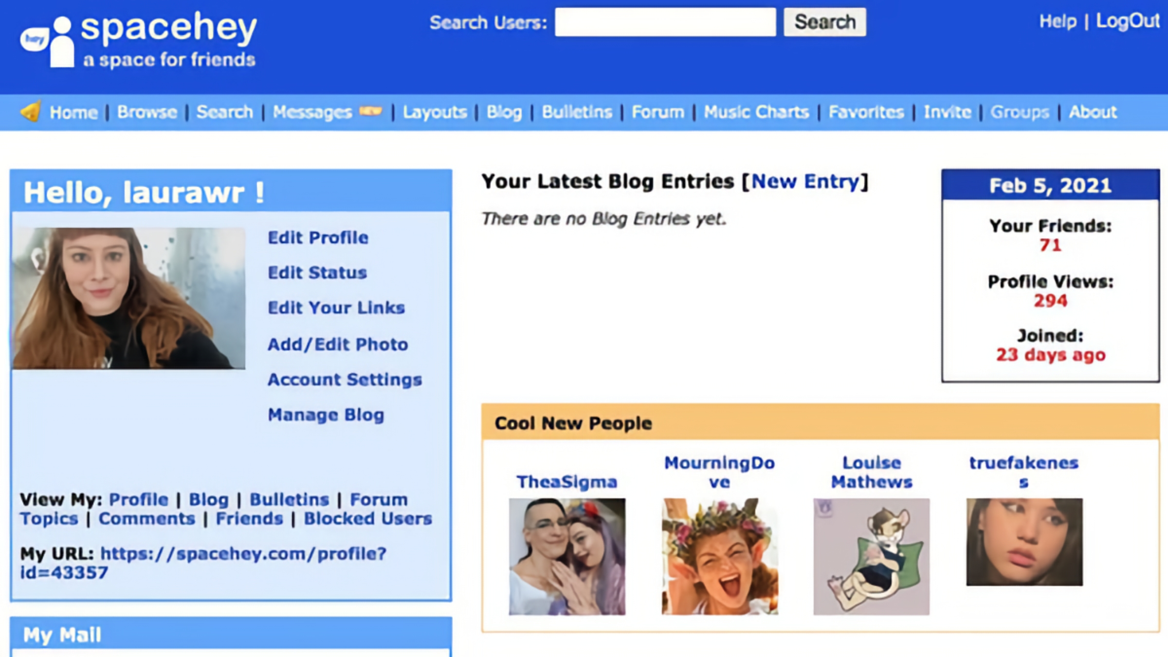 The spacehey home page depicting a sample user's page.