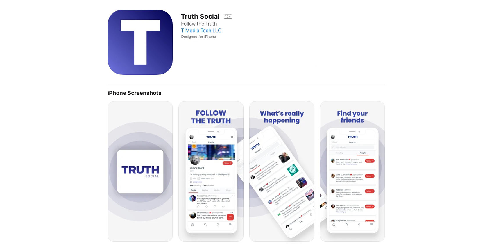 Truth social logo and screenshots of the app for an iphone.