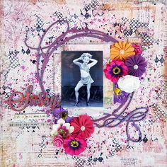 an altered photograph with flowers and ribbons on it's side, in the shape of a frame