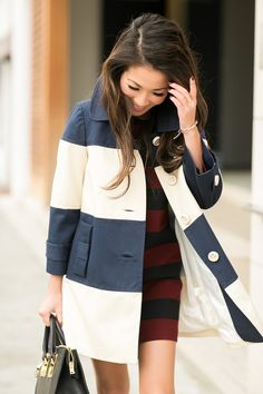 The New Stripe: Bold color blocking Striped Coat Outfit, Flirty Clothes, Striped Coat, Color Block Coats, Wendy's Lookbook, Blue Clothing, Look Formal, Striped Shift Dress, Diy Vetement