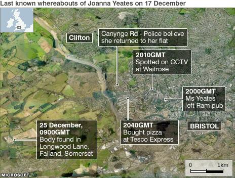 Map showing Joanna Yeates' last known movements