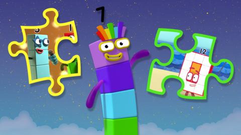 Numberblocks 7 is shown next to two jigsaw pieces.