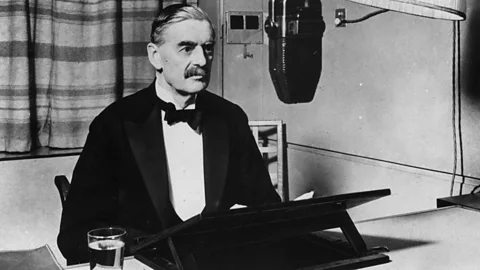 Neville Chamberlain about to make his speech announcing the start of Britain's involvement in WW2 (Credit: Getty Images)