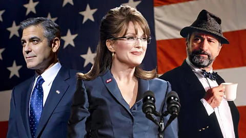 A collage of George Clooney, Julianne Moore and Robert Di Nero in front of an American flag (Credit: Yun Sun Park/ BBC/ Alamy)