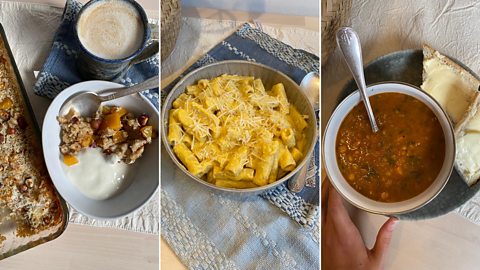 Three of the dishes I made: baked oats, vegan mac and cheese, and slow cooker stew 