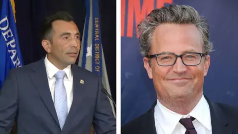 Martin Estrada, a policeman looks up on the left and on the right Matthew Perry looks ahead