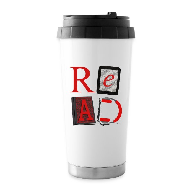 A white tumbler with stylized letters that spell READ. The E is an e-book, A is a book, and D is a set of headphones.