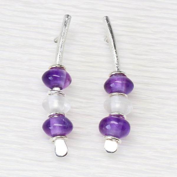 Amethyst and rock crystal earrings, sterling silver earrings studs, arc, small