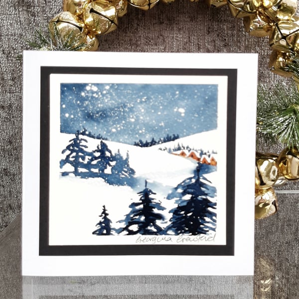 Blank Christmas Handmade Card. Snowy Fir Trees. Handpainted Card Keepsake