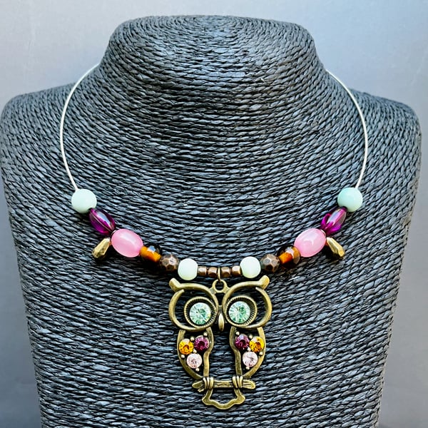 Unique upcycled bead necklace with owl pendant - sustainable jewellery