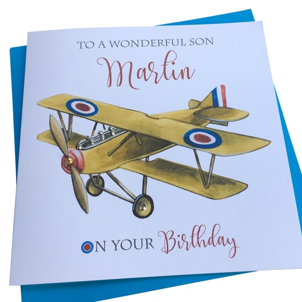 Personalised Handmade Vintage Bi-plane Birthday Card- dad-uncle-brother-nephew-f