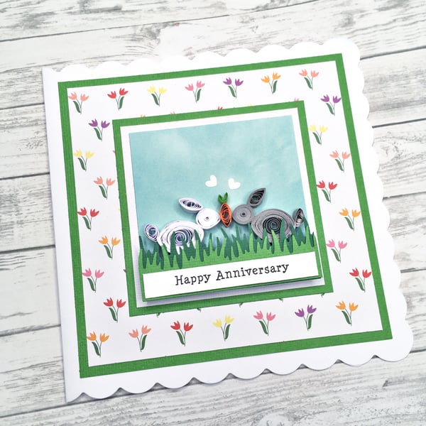 Anniversary card - quilled rabbits - boxed option available