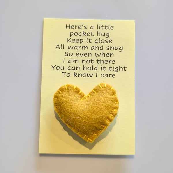 Handmade felt mini heart shaped pocket hug yellow