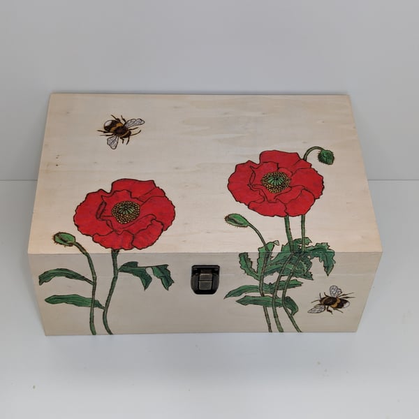 Poppies wooden memory keepsake box, pyrography poppy design, decorative storage 