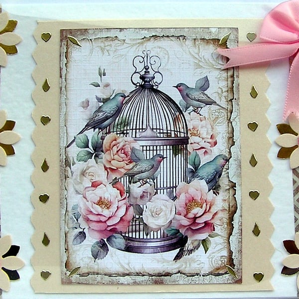 Pink Flower Birdcage Hand Crafted Decoupage Card - Blank (2568)