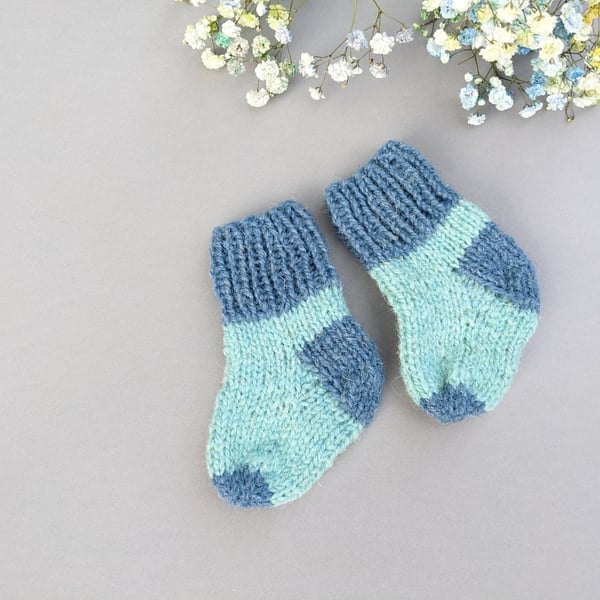 Hand knit newborn baby socks sheep wool, handmade blue shade