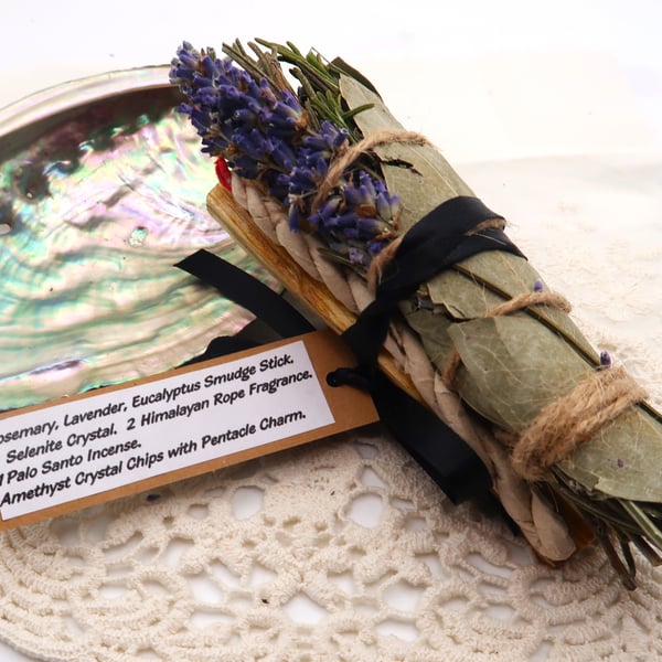 Sacred Incense Bundle with Selenite and Amethyst Pentacle Charm. Free UK Postage