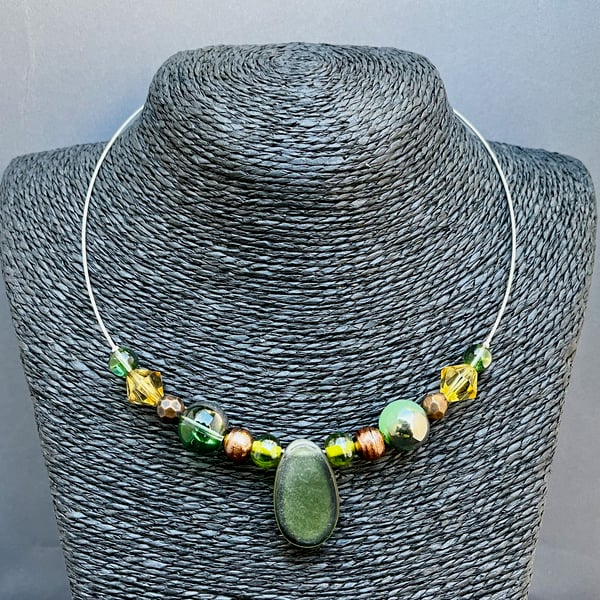 Unique upcycled bead necklace with green stone pendant - sustainable jewellery