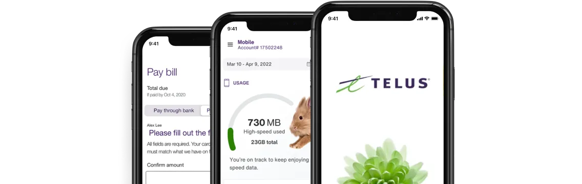 My TELUS app displaying information such as data usage and options to pay your bill