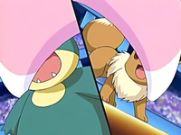 Wigglytuff sosteniendo a Eevee y a Munchlax.