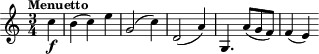 \relative {\clef treble \key c \major \time 3/4 \tempo "Menuetto" \partial 4
  c''4 \f | b( c) e | g,2( c4) | d,2( a'4) | g,4. a'8( g f) | f4( e)}