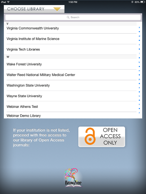 Choose your library. We're listed as Virginia Tech Libraries near the bottom of the long list. (Alumni and non-affiliates can use the open access option.)