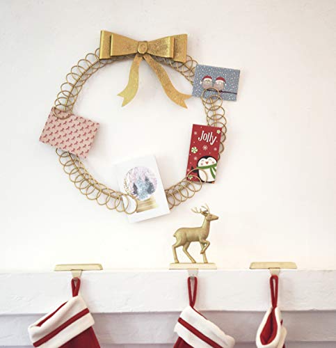 One Holiday Way 19-Inch Large Elegant Gold Metal Wire Wreath Christmas Card Holder w/Bow - Hanging Wall Mount Xmas Photo Display Decorative Birthday Greeting Card Hanger Door Decoration Home Decor