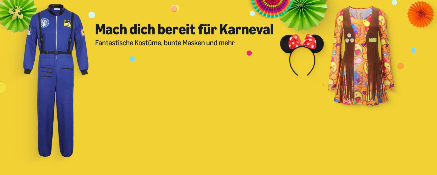 Gelber Hintergrund mit bunten Papierdekoration. Karnevalskostüme: blauer Overall und braune Fransen-Weste. Minnie Maus Ohren Accessoire. Text: 'Mach dich bereit für Karneval. Fantastische Kostüme, bunte Masken und mehr