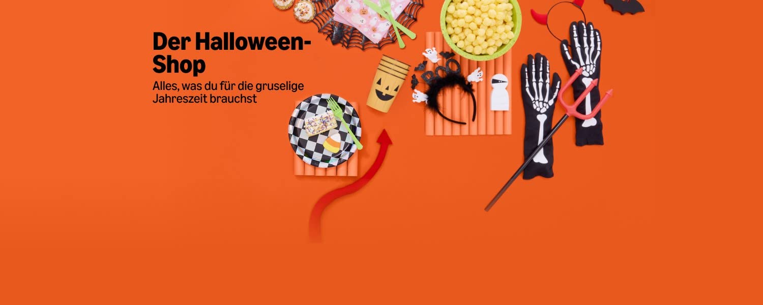 Titel: Mach dich bereit für Halloween. Untertitel: Von gruseligen Kostümen bis hin zu süßen Leckereien. 
Abbildung von Halloween-Produkten (Popcorn, Halloween-Dekoration, Skelett-Handschuhe)