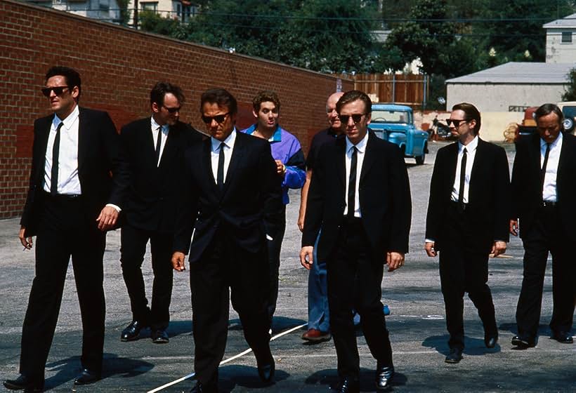 Steve Buscemi, Harvey Keitel, Quentin Tarantino, Michael Madsen, Tim Roth, Chris Penn, Edward Bunker, and Lawrence Tierney in Reservoir Dogs (1992)