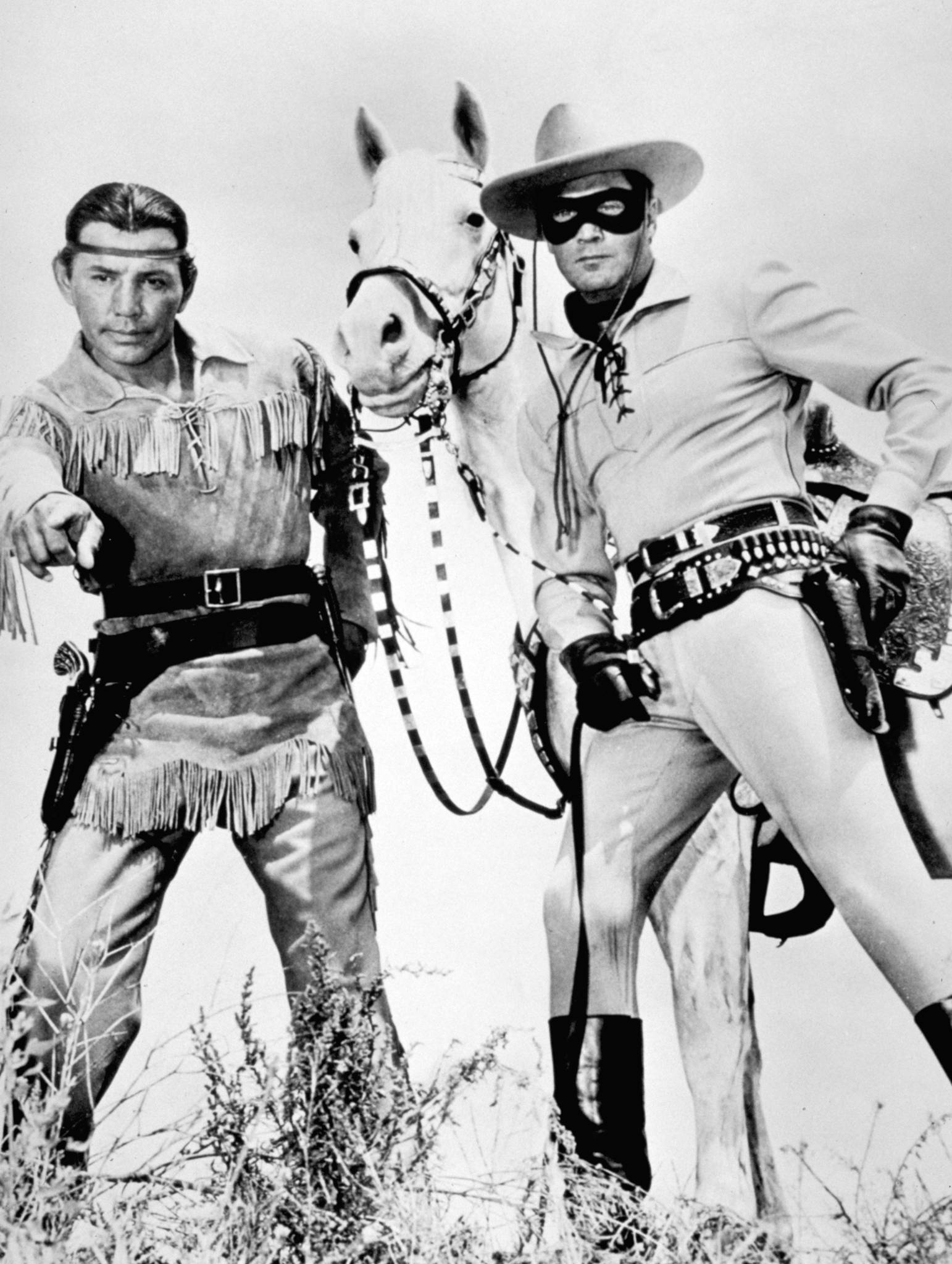 Clayton Moore, Jay Silverheels, and Silver in The Lone Ranger (1956)