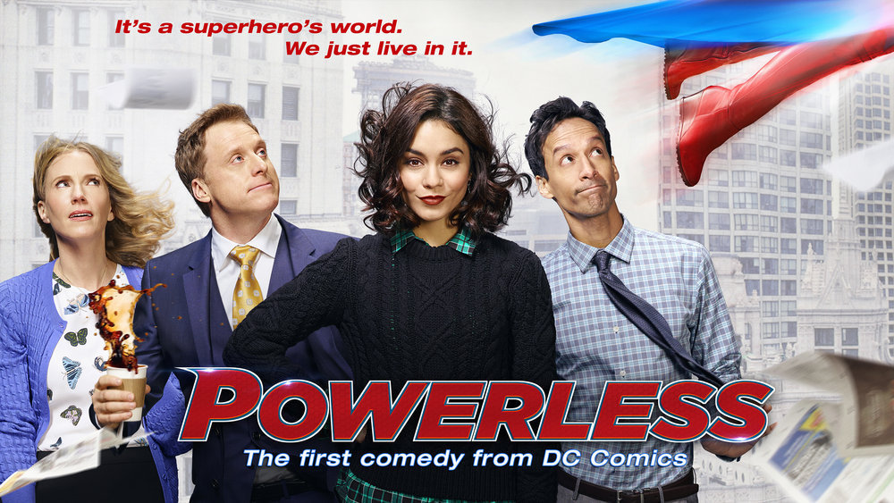 Christina Kirk, Alan Tudyk, Vanessa Hudgens, and Danny Pudi in Powerless (2016)