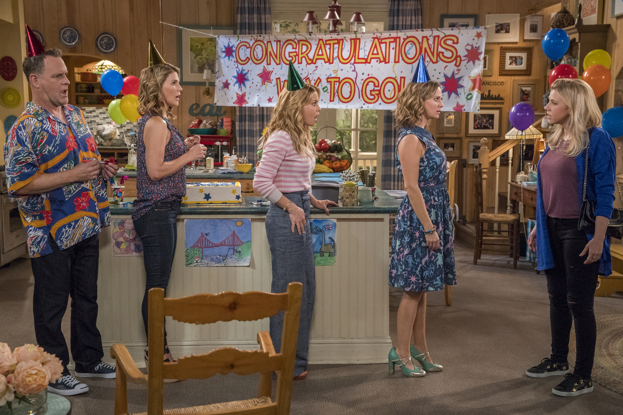 Andrea Barber, Candace Cameron Bure, Dave Coulier, Lori Loughlin, and Jodie Sweetin in Fuller House (2016)