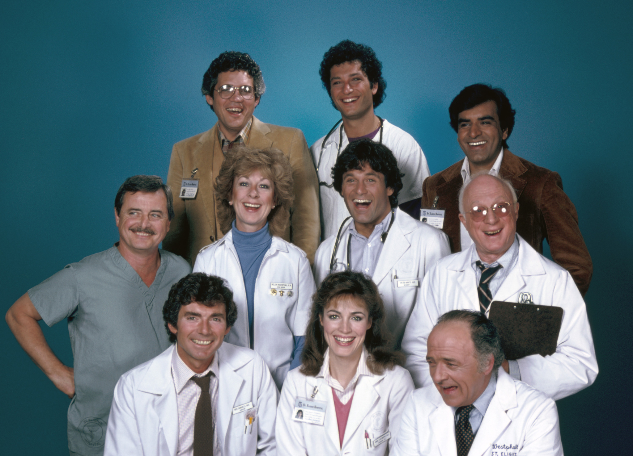 Howie Mandel, Cynthia Sikes, G.W. Bailey, David Birney, William Daniels, Ed Flanders, Terence Knox, Norman Lloyd, Christina Pickles, and Kavi Raz in St. Elsewhere (1982)