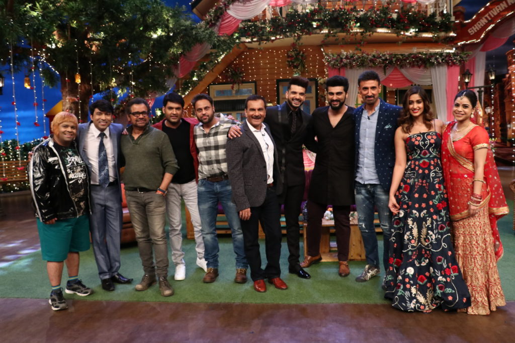 Anees Bazmee, Rahul Dev, Pawan Malhotra, Arjun Kapoor, Kiku Sharda, Ileana D'Cruz, Sumona Chakravarti, Chandan Prabhakar, and Kapil Sharma in The Kapil Sharma Show (2016)