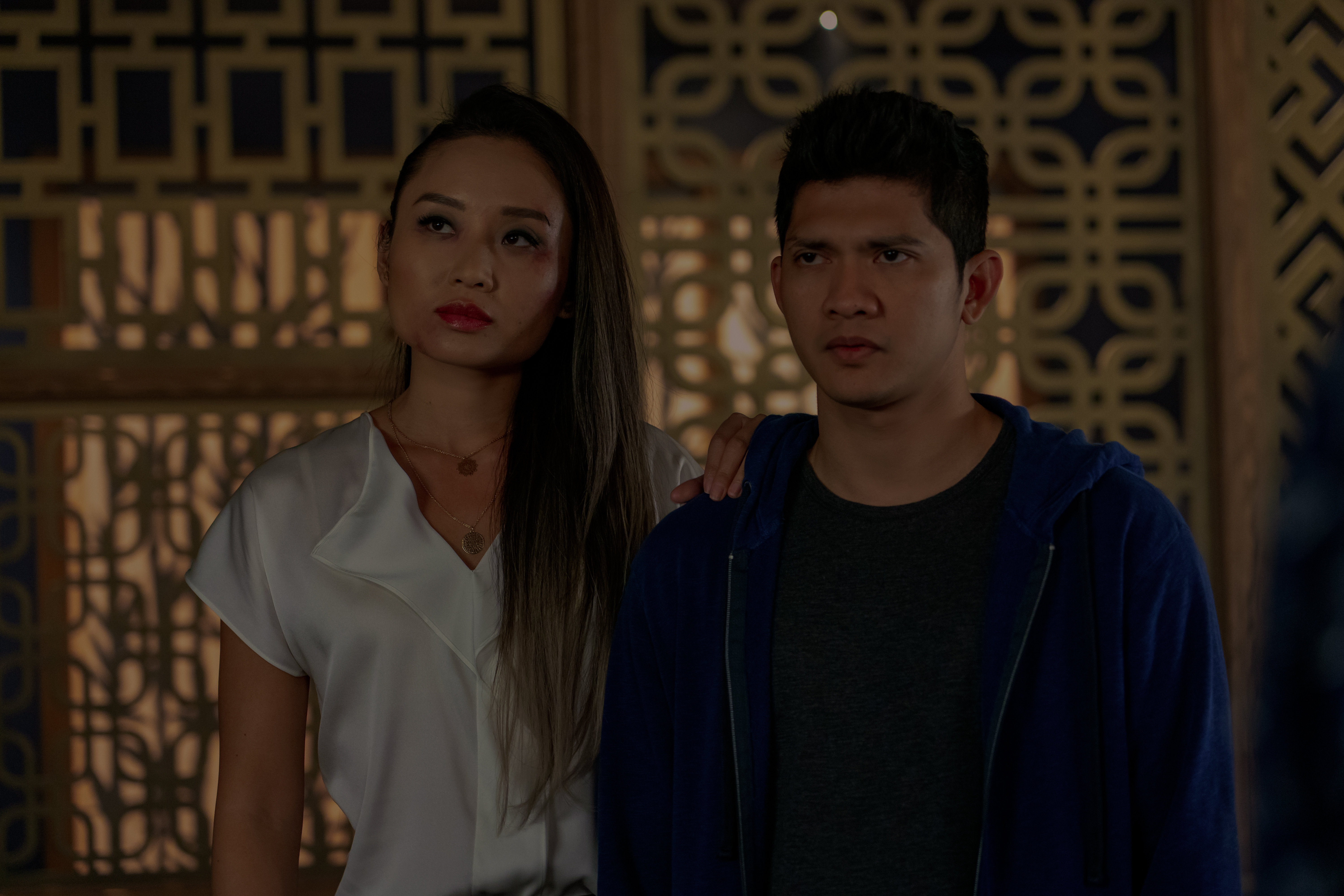 Iko Uwais and Li Jun Li in Wu Assassins (2019)