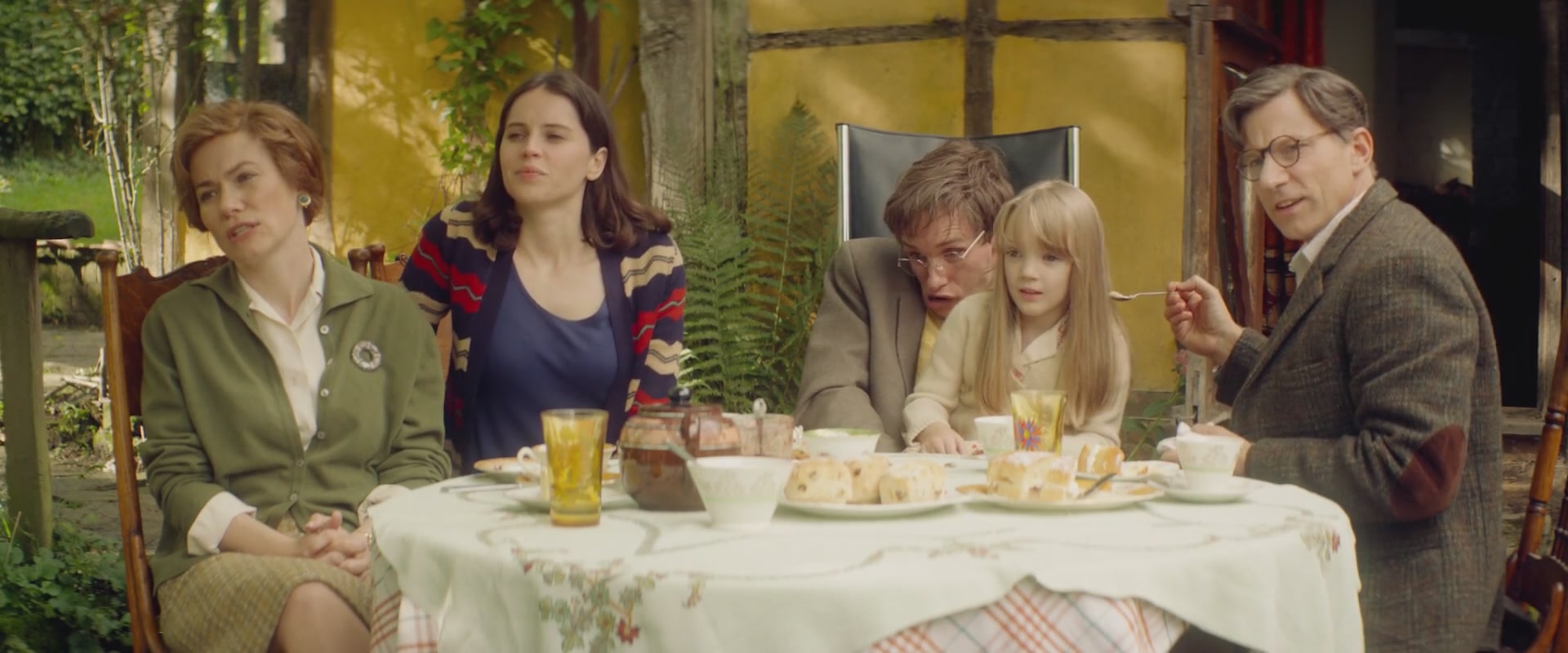 Abigail Cruttenden, Felicity Jones, Simon McBurney, Eddie Redmayne, and Raffiella Chapman in The Theory of Everything (2014)