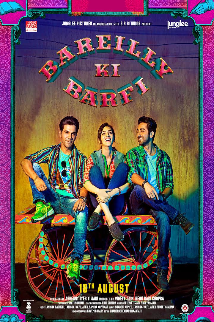 Rajkummar Rao, Ayushmann Khurrana, and Kriti Sanon in Bareilly Ki Barfi (2017)