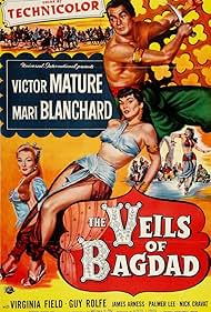 Victor Mature, Mari Blanchard, and Virginia Field in The Veils of Bagdad (1953)