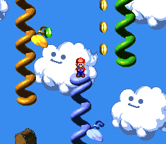 Mario finding 3 10-Coins and Frog Coin in the second beanstalk area of the Bean Valley of Super Mario RPG: Legend of the Seven Stars.