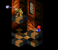 Bowser and Mario taking the Chomp found in the room unlocked with the Elder Key in the Booster Tower of Super Mario RPG: Legend of the Seven Stars.